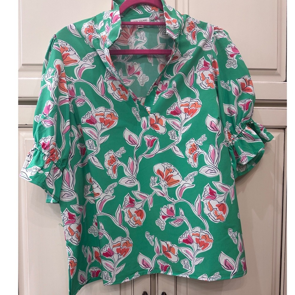 Mary Square Green Floral V-Neck Blouse Short Puff Ruffle Sleeve Top Large
